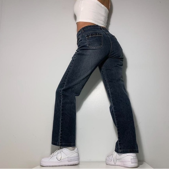 Y2K HIGH WAISTED DARK WASH WIDE LEG FLARE FRONT POCKETS JEANS - Picture 4 of 4